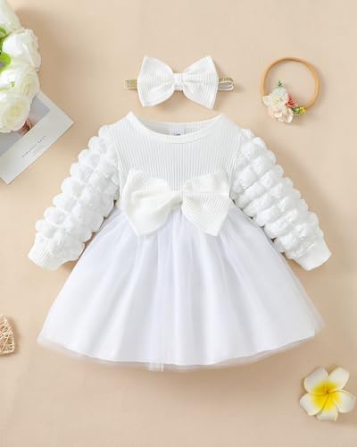 Renotemy Baby Girl Flower Dress Fall Winter, Puff Sleeve Tutu Dresses Princess Wedding Birthday Party Dresses for Girls 3M-3T3