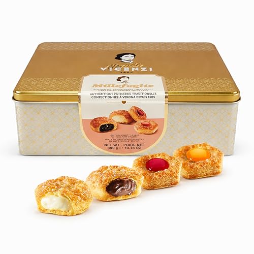 Vicenzi Millefoglie Assorted Filled Puff Pastry Cookies Gift Tin 390g - 4 Flavors Chocolate Milk Cream Raspberry Apricot Vanilla Italian Biscuits. Great Birthday Gifts for Women