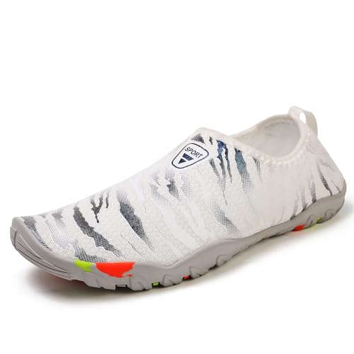 Dacnakby Water Shoes Slip-On Swimming Beach Shoes with Zebra Pattern Barefoot Yoga Travel Camping Kayak Boat Quick-Dry Non Slip Adult Youth Hiking Shoes (White/Gray, Adult, Men, 10, Numeric, US Footwear Size System, Medium)