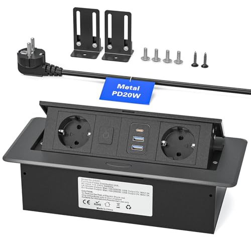 Prise encastrable de Table en Aluminium avec Interrupteur, 3 Prises 2500W/10A, 2 Ports USB-C PD 20W & 2 Ports USB-A – Bloc multiprise escamotable, câble 1,8 m,Noir