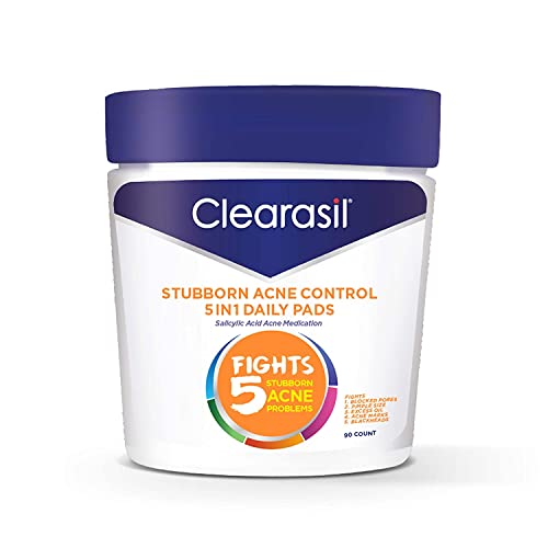 Clearasil Stubborn Acne Control 5in1 Daily Facial Cleansing Pads, 90 Count (Packaging may vary) ( Pack of 6)