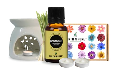 Image of Earth N Pure Ceramic Aroma White Diffuser Burner with 10Ml Lemongrass Oil & 2 Pcs Candles Strong & Long-Lasting Fragrance | Perfect for Gift Set