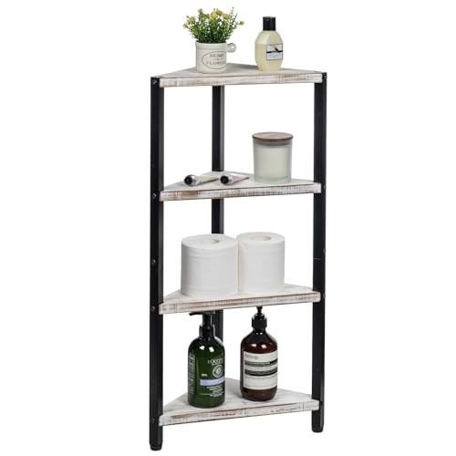 MyGift 4 Tier Shabby White Washed Solid Wood and Matte Black Meta...
