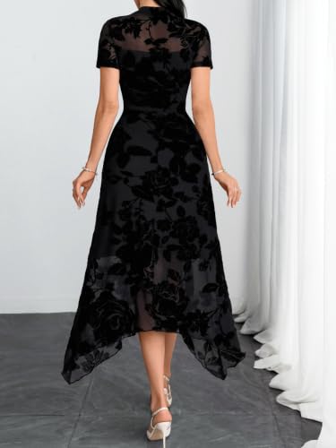 Image of GothDark Women Summer Wedding Guest Floral Mesh Irregular Hem Midi Dress