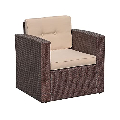 Super Patio Pe Wicker Outdoor Chair, Rattan Patio Chair, Single Armchair With Beige Cushion, Additional Seat For Outdoor Furniture Sectional Sofa, Porch, Garden, Backyard, Espresso Brown #TOP29