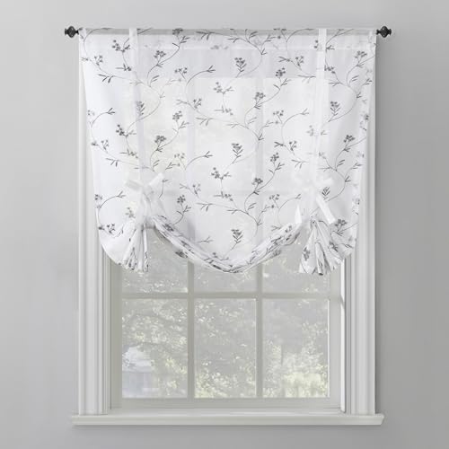 No. 918 Bridget Embroidered Leaf Sheer Rod Pocket Window Tie-up Balloon Shade, White, 42" W x 63" L