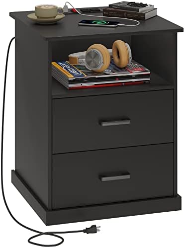 Hasuit Night Stand with Charging Station, Large Nightstand with Storage Drawers and Open Cubby, Black Bedside Side End Table for Home Office, Wider Tabletop 19.0'' x 15.0''