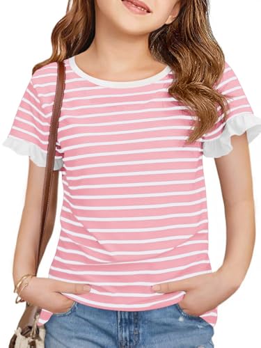 Haloumoning Girls Striped Ruffle Short Sleeve T Shirts Kids Summer Crewneck Tops Casual Tees 5-14 Years Pink