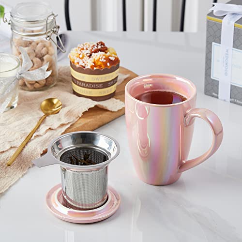 Jemirry Tea Cup With Infuser And Lid, Ceramic Cup With Lid, Tea Cup Tea Mug For Tea Lover, Porcelain Tea Strainer Cup, Tea Infuser Cup With Infuser Basket And Lid - Pink #TOP5