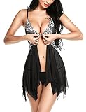 klier Women V-Neck Lace Babydoll Mesh Chemise Sleepwear Sexy Open Front Lingerie with G-String Black