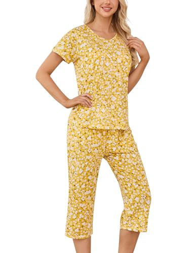 Image of ENJOYNIGHT Womens Pajama Sets Cotton Pj Set Short Sleeve Top With Capri Pants Sleepwear 2 Piece Lounge Set