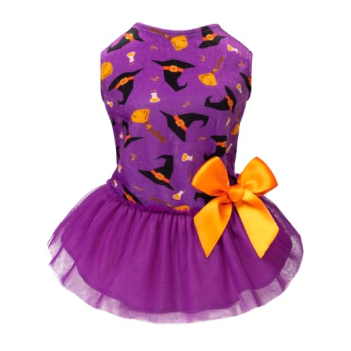 Fitwarm Witch Hat Halloween Dog Tutu Dress, Spooky Halloween Costumes for Small Girl Dogs, Funny Pet Outfit, Black, Purple, Orange, Large