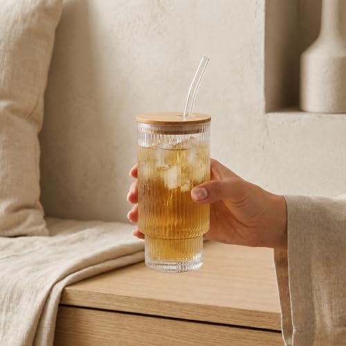 Image of Ribbed Highball Glass Tumbler Set of 2 with Bamboo Lid & Glass Straw, 300ml Drinking Glasses for Iced Coffee, Juice, Smoothies, Cocktails, Beer, Water, Reusable Clear Glass Cups