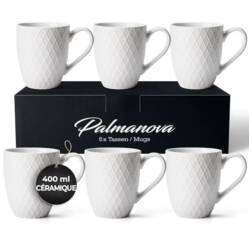 MIAMIO - 6 x 400 ml - Set de tasses à café/tasse - Tasse en céramique moderne Matt - Tasse à café grande taille - Collection Palmanova (Blanc)