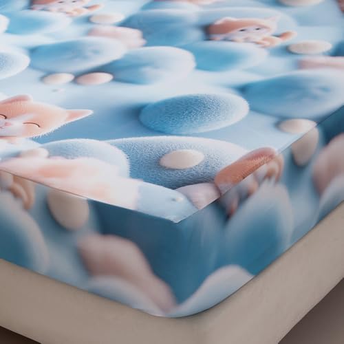 Image of Bedding Fitted Sheet with Deep Pocket,3D Simulated Cats Pattern Printed Fabric Bed Sheets (Blue Cats,King)