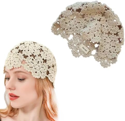 1pc Women Cotton Crochet Skull Cap Handmade Knit Cutout Floral Be...