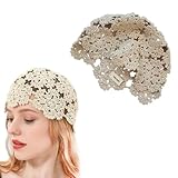 iRIIRIO 1pc Women Cotton Crochet Skull Cap Handmade Knit Cutout Floral Beanie Hat Hollow Knitted Hat Lightweight (Beige)