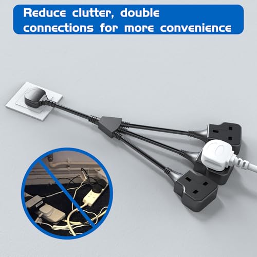 3 Way Extension Lead with Short Cable (UK Plug Included), 3-in-1 Double Sockets Extension, 3 AC Outlets Power Strip 3500W (250V/13A) for Home Travel Office, Small Power Cord, Black - Image 4