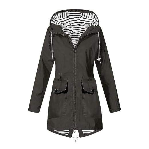 2025 Manteaux Imperméables Vestes Femme Coupe Grande Taille Pardessus Épais Couleur Unie Rayé avec Cordon à Capuche Manteau de Neige Veste Vêtements D'Extérieur Automne Hiver Pas Cher