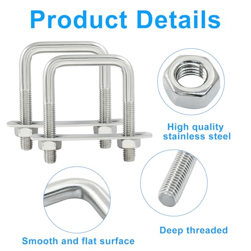 Image of 2 Stainless Steel Square U-Bolts, Inner Width 1.6 inch(40mm), Length 2.5 inch(65mm), M8 304 Stainless Steel with Frame Plates and Nuts for Light Industry, Metallurgy, Construction, Shipping
