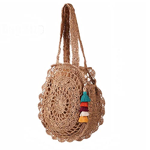 Bolso Redondo de Mimbre para Mujer Bolso de Paja Bolso de Hombro Bohemio de Playa Tejido a Mano (Light Brown,One Size) Cover