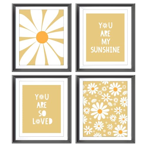 Image of AEHIE Boho Yellow Daisy Flower Decor Art Print, You Are My Sunshine Poster for Baby Girls Room Nursery, Bohemian Wall Art, Spring Aesthetic Floral Wall Art, 4pcs