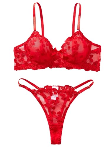 Image of Sexy Floral Embroidered Flower Mesh Underwire Push Up Lingerie Set