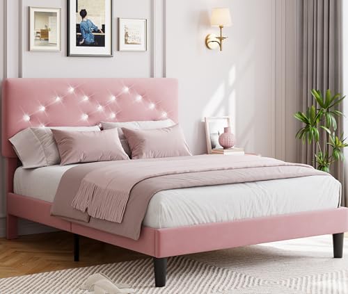 GAOMON Full Size Bed Frame with Headboard, Upholstered Platform Bed Frames Full Size with Crystal Diamond Tufted for Girls/Kids Easy Assembly, Wooden Slats Support, No Box Spring Needed, Pink