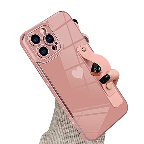 Kanghar Designed For Iphone 13 Pro Max Case With Strap Luxury Love Heart Plating Gold Bumper Phone Cover Wristband Kickstand Full Body Protective Slim Case For Women-Sand Pink #TOP8