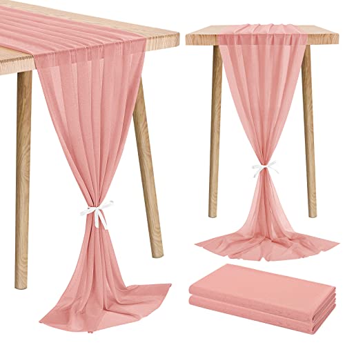 Showgeous 2 Pack Dusty Rose Chiffon Tischläufer, 28 x 120 Zoll Romantischer Hochzeits Tischläufer, 10 Fuß Glitzer Chiffon Tischläufer für Hochzeit Geburtstag Braut Babyparty Kuchen Tischdekoration Cover