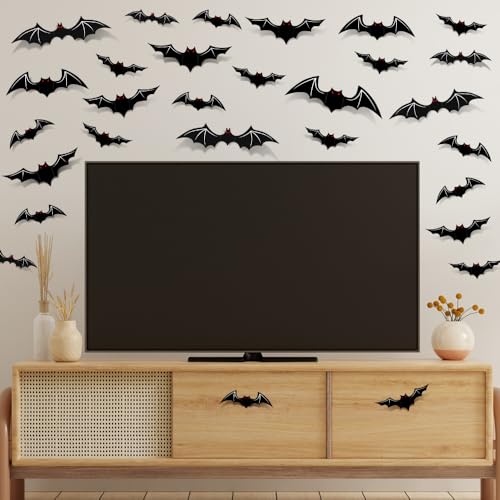 AKEROCK Halloween Decorations - Indoor 3D Bats with Glow in The Dark Eyes & Skeleton, 3 Styles, 3 Sizes Each, Includes 136 Pcs of Tape