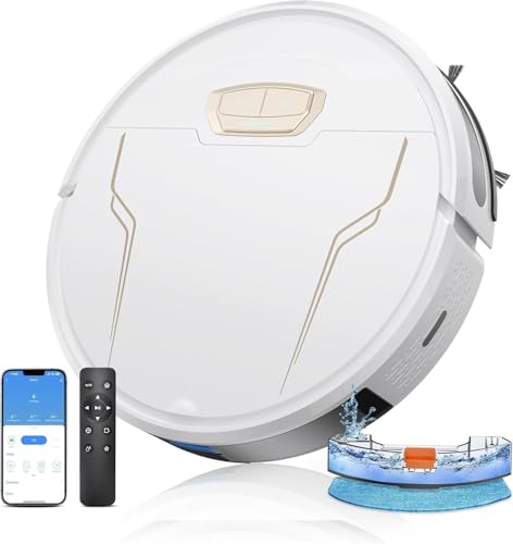 Robot Aspirapolvere Lavapavimenti con Mappatura 5000Pa, Autonomia 150min, Carpet Boost, Ultra Sottile 7,6 cm, Controllo APP/Alexa/WiFi,Ideale per Peli di Animali Domestici e Pavimenti Duri（Bianco）