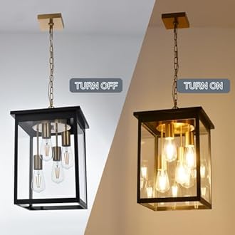 TODOLUZ Outdoor Pendant Light Fixtures, 4-Lights Large Outdoor Ceiling Hanging Lanterns in Black & Brushed Brass, Farmhouse Exterior Chandelier for Front Door Entry Patio