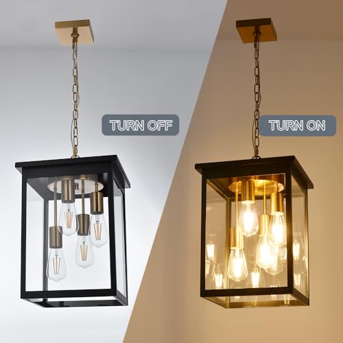 TODOLUZ Outdoor Pendant Light Fixtures, 4-Lights Large Outdoor Ceiling Hanging Lanterns in Black & Brushed Brass, Farmhouse Exterior Chandelier for Front Door Entry Patio