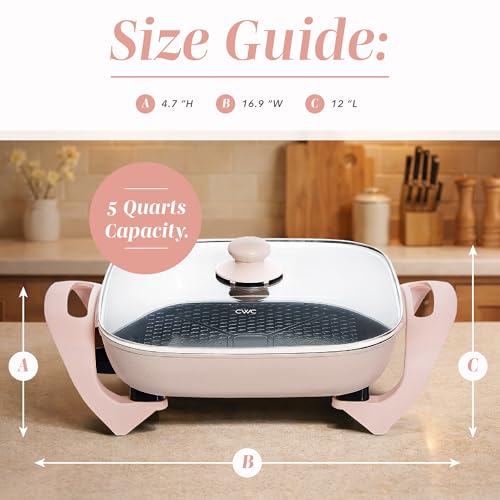 COOK WITH COLOR Electric Skillet - 12\" x 12\" Ceramic Nonstick Pan, PFAS-Free, 1400W, Tempered Glass Lid, Variable Temperature, Removable Heating Probe, Cool-Touch Handles, Blush
