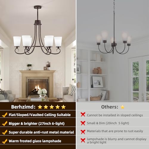 Image of 6-Light Modern Oil Rubbed Bronze Chandeliers for Dining Room 50'' Adjustable Height Farmhouse Pendant Light with Frosted Glass Shades,Brown Chandeliers Hanging Lamp for Kitchen Island Entryway