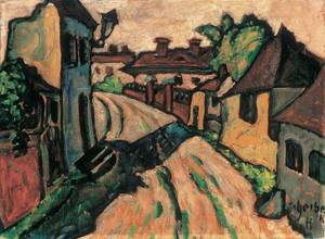 Peinture à l'huile de style Hugo Scheiber Village Street - Tableau de collection 30x36 po