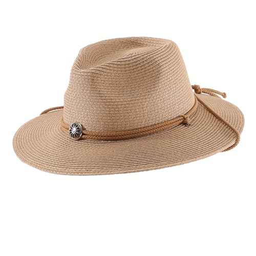 Image of Home Prefer UPF50+ Men's Wide Brim Straw Fedora Sun Hat with Badge Lanyard