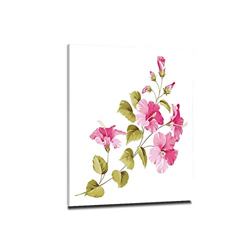 花の家の装飾 手すき 和紙 アートパネル 30x40cm 木製パネル付 絵 絵画 インテリア 壁掛け 壁飾り 風水 玄関 (木枠付きの完成品) 新鮮な葉エキゾチックな植物の概念ピンクグリーンホワイトと熱帯野生のハイビスカスの花の枝