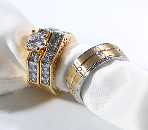 2 Rings Couple Rings Bridal Sets Yellow Gold Filled Heart Cz Womens Wedding Ring Sets Titanium Steel Man Wedding Bands4