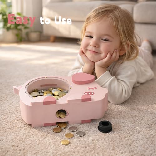Image of Wooden Piggy Bank for Kids, Cute Money Bank for Girls, Clear Coin Bank with Plug, Wood Kids Bank Toy Unbreakable Money Box, Personalized Gift for Children Birthday Christmas and Decor