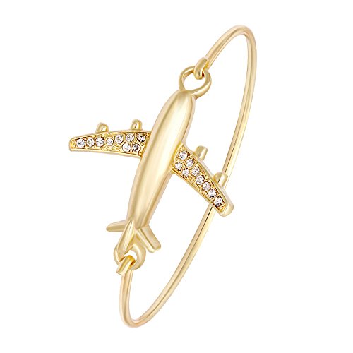 Manzhen Crystal Easy Open Gold Rose Gold Silver Airplane Hook Bangle Cuff Bangle Bracelet (Gold) #TOP1