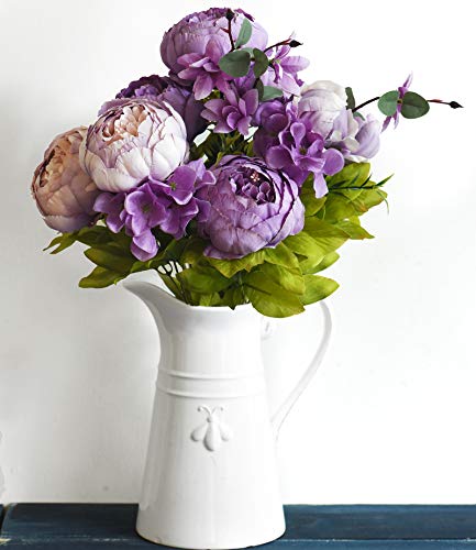 Image of FiveSeasonStuff Dusty Purple & Greenery Accents Artificial Peony Bouquet, Two Coordinating Faux Silk Flower Bundles with Hydrangeas