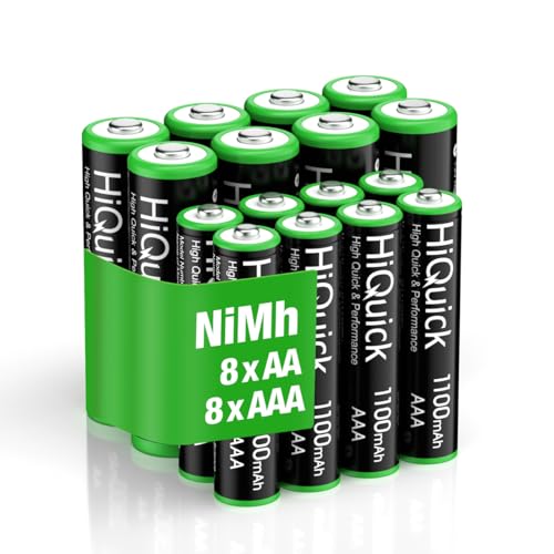 HiQuick 16 Pack AA AAA wiederaufladbare Batterien NI-MH 1,2V, 8 x Akkus AA 2800mAh und 8 x Batterien AAA 1100mAh, Geringe Selbstentladung 1200 Tech Mignon Akku
