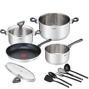 Tefal DAILY COOK Kochgeschirr-Set G713SB | 11tlg. (Stielkasserolle 16cm, Kochtöpfe 20/24cm mit Deckeln, Bratpfanne 28cm, Schneebesen, Schöpfkelle, Löffel, Pfannenwender, Fleischgabel | alle Herdarten