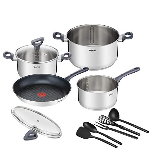 Tefal Daily Cook – Batería de cocina de 4 piezas + 5 accesorios: Sartén 28 cm, cazo 16 cm, cacerola 20/24 cm de acero inoxidable, tapa, 5 accesorios, Thermospot, apto todas las cocinas y horno