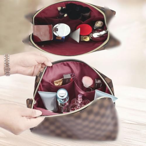 bopomofo Brown Checkered Cosmetic Bag 3 Pack,1 Big Pouch,1 Makeup Brushes Holder, 1 Coin Purse,Portable Travel Makeup Bag Set Lightweight and Waterproof Storage Bag Organizer (Brown Checkered 3 Pcs)3