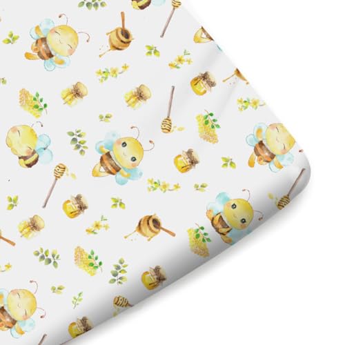 Image of Cartoon Bees Boho Leaves Honey Baby Crib Sheets for Boy and Girl 52 inchx28 inch Bees Retro Floral Crib Mattress Sheet Soft Breathable Baby Bed Sheets for Standard Crib and Toddler Mattresses