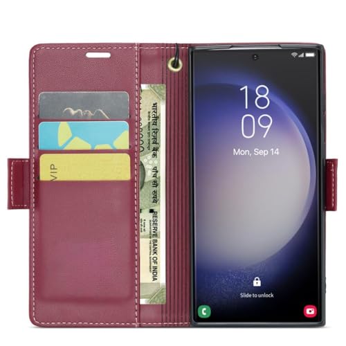 Image of Bracevor Deluxe Leather Flip Cover case for Samsung Galaxy S25 Ultra : Burgundy Red | Full Camera Cover | RFID Blocking Wallet Pockets | 360 Degree Protection