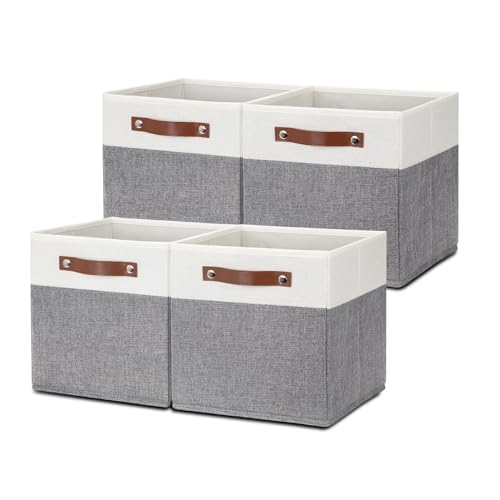 HNZIGE Set of 4, Foldable Storage Cube Bin Baskets, Fabric 11x11 Cube Storage Bins for Storage with Handles, Shelf Bins for Cube Home Toy Nursery Closet(White Gray)
